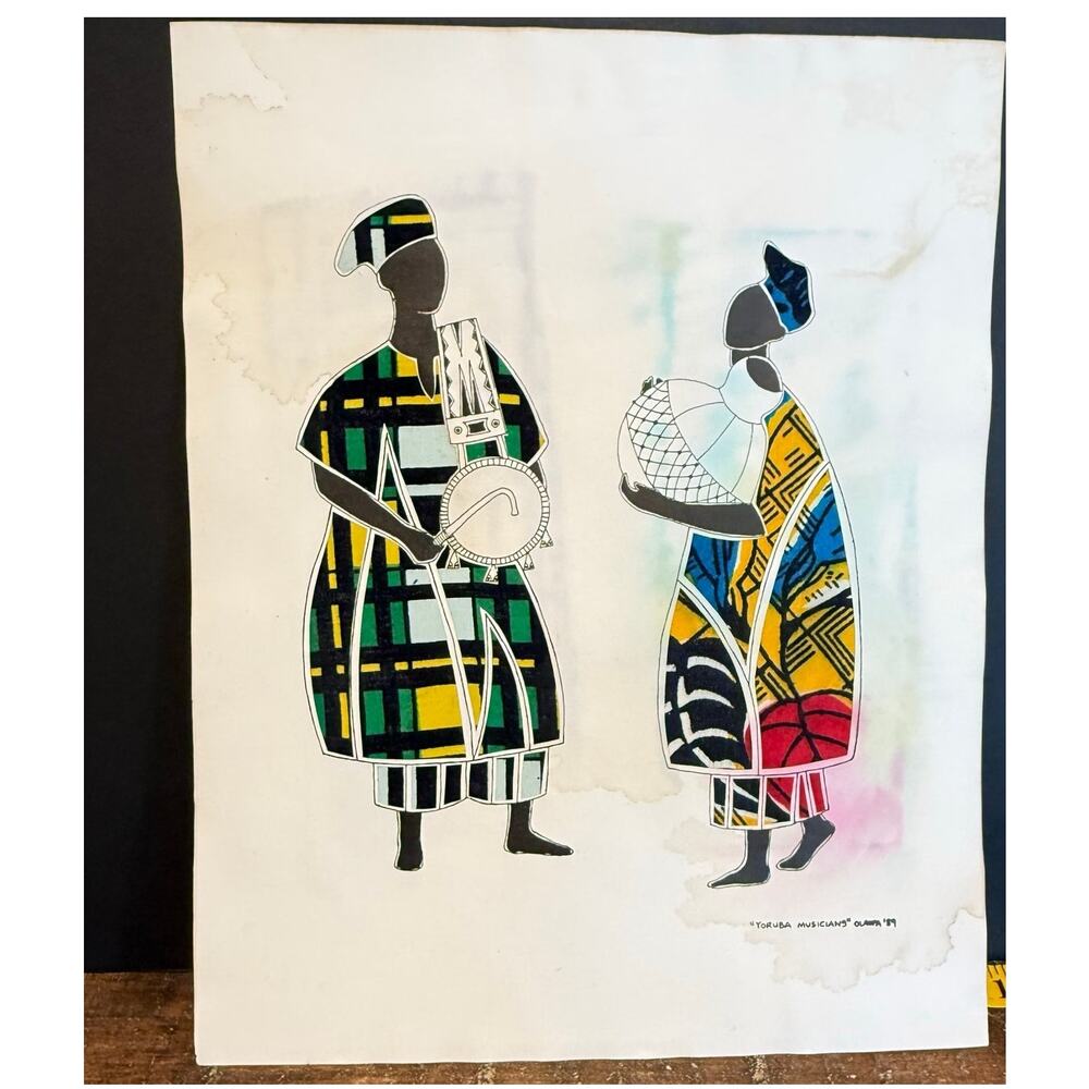 Oladele Olaopa Yoruba Musicians Fabric Collage Signed Art Distressed Bleed - Picture 2 of 8